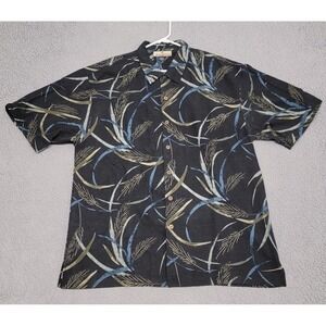 Tommy Bahama Shirt Mens Large Black Silk Falling Leaves Floral Camp Aloha